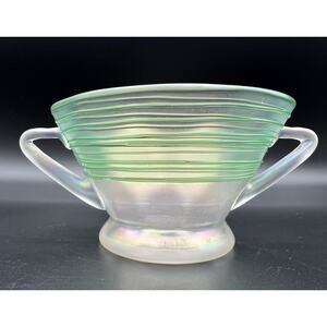 Steuben Green Threaded Verre De Sole Iridescent Handled Open Sugar Sherbet Cup